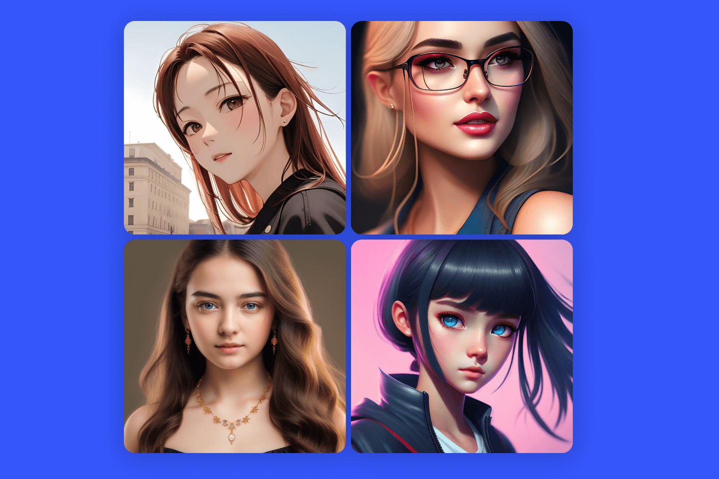 4 girl avatars in cartoon style and realistic style